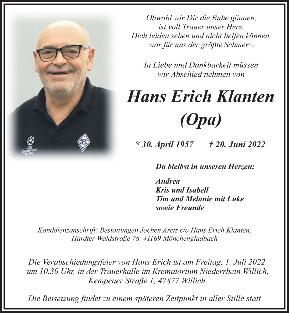  Traueranzeige für Hans Erich Klanten vom 28.06.2022 aus Rheinische Post