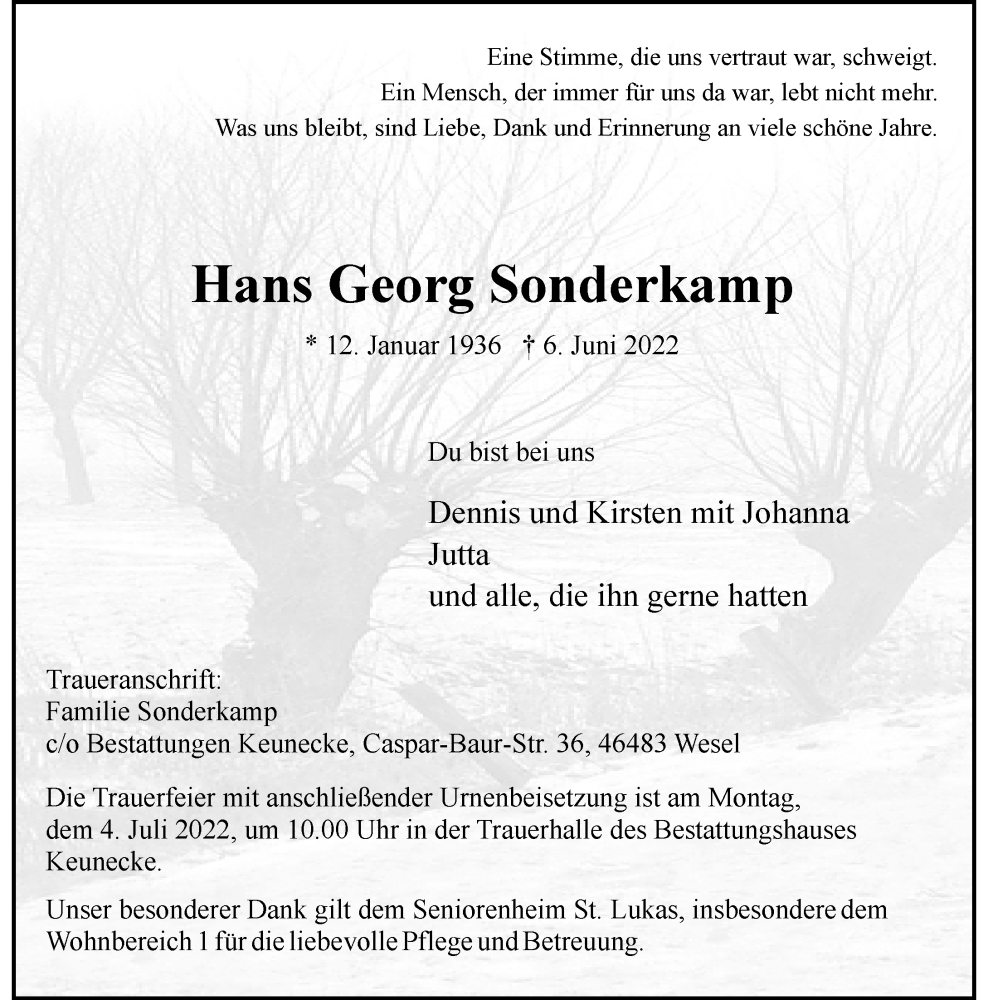  Traueranzeige für Hans Georg Sonderkamp vom 18.06.2022 aus Rheinische Post