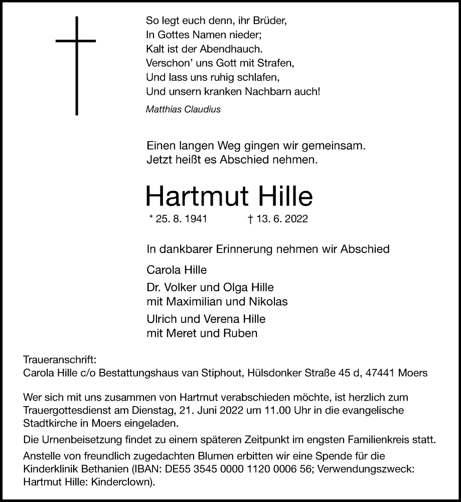  Traueranzeige für Hartmut Hille vom 18.06.2022 aus Rheinische Post