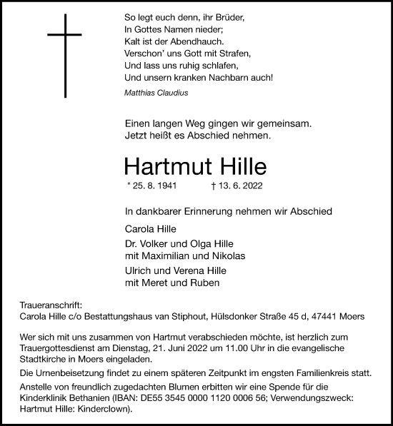 Traueranzeige von Hartmut Hille von Rheinische Post
