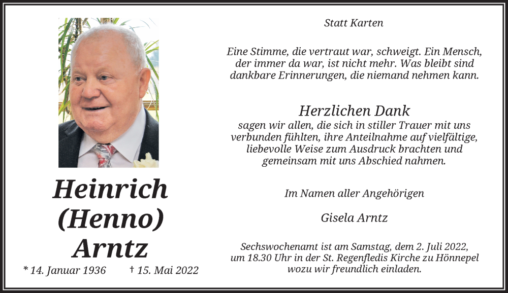  Traueranzeige für Heinrich Arntz vom 25.06.2022 aus Rheinische Post