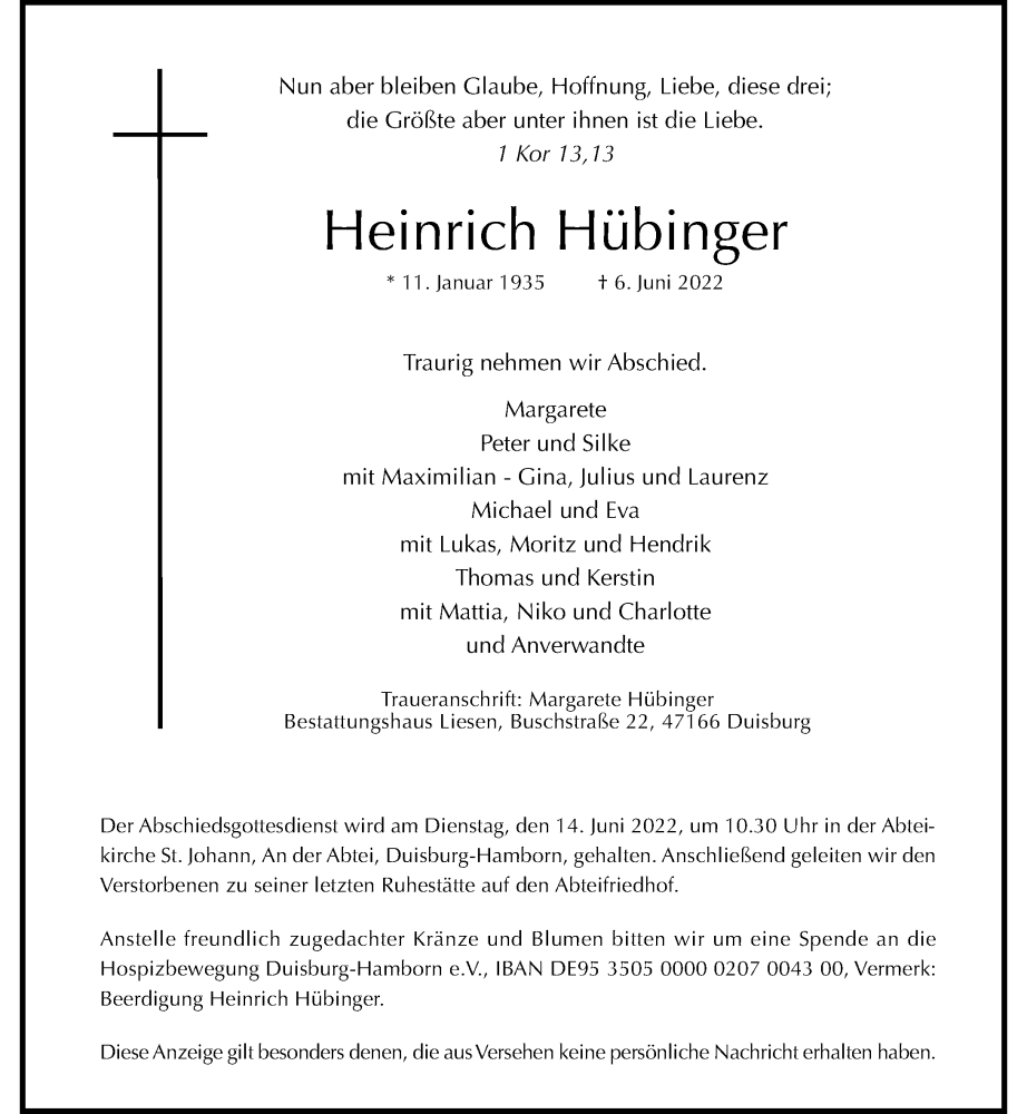  Traueranzeige für Heinrich Hübinger vom 11.06.2022 aus Rheinische Post