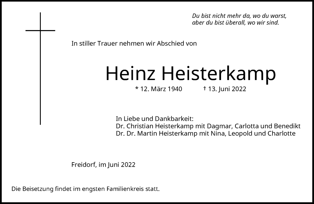  Traueranzeige für Heinz Heisterkamp vom 25.06.2022 aus Rheinische Post