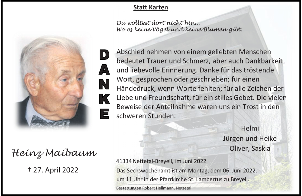  Traueranzeige für Heinz Maibaum vom 04.06.2022 aus Rheinische Post