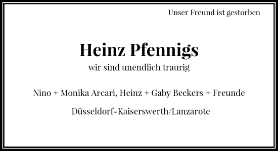Traueranzeige von Heinz Pfennigs von Rheinische Post