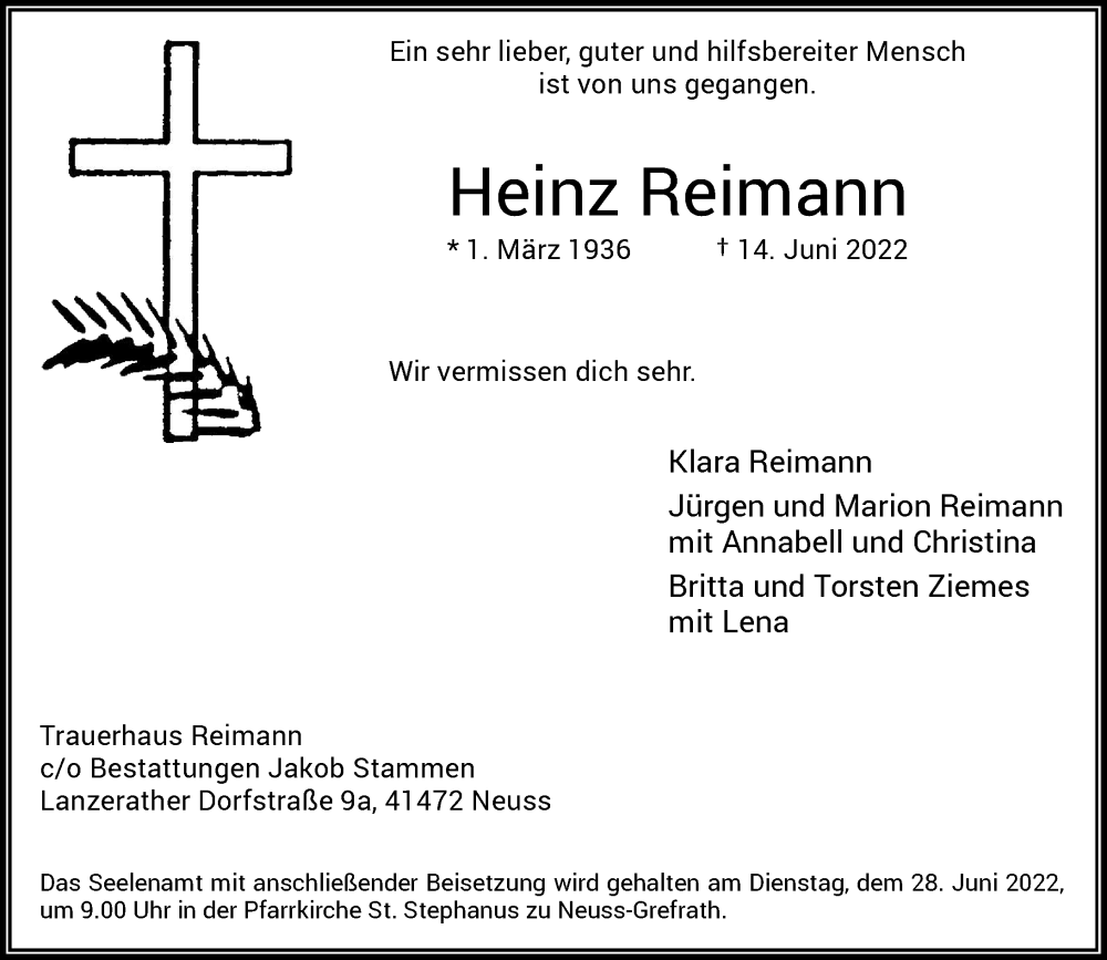  Traueranzeige für Heinz Reimann vom 22.06.2022 aus Rheinische Post