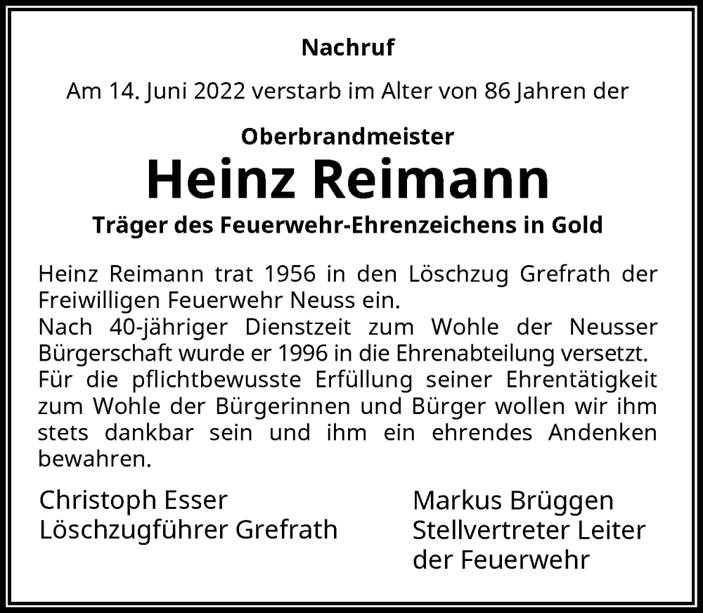  Traueranzeige für Heinz Reimann vom 23.06.2022 aus Rheinische Post