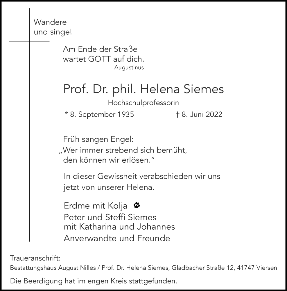  Traueranzeige für Helena Siemes vom 25.06.2022 aus Rheinische Post