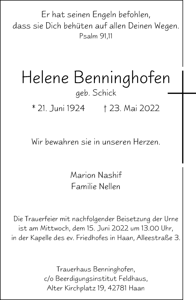  Traueranzeige für Helene Benninghofen vom 11.06.2022 aus Rheinische Post