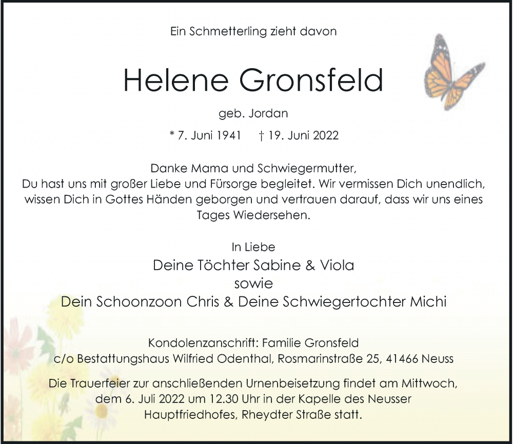  Traueranzeige für Helene Gronsfeld vom 25.06.2022 aus Rheinische Post