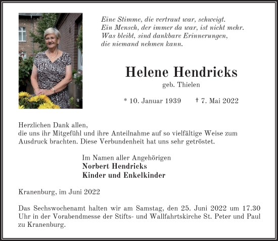 Traueranzeige von Helene Hendricks von Rheinische Post