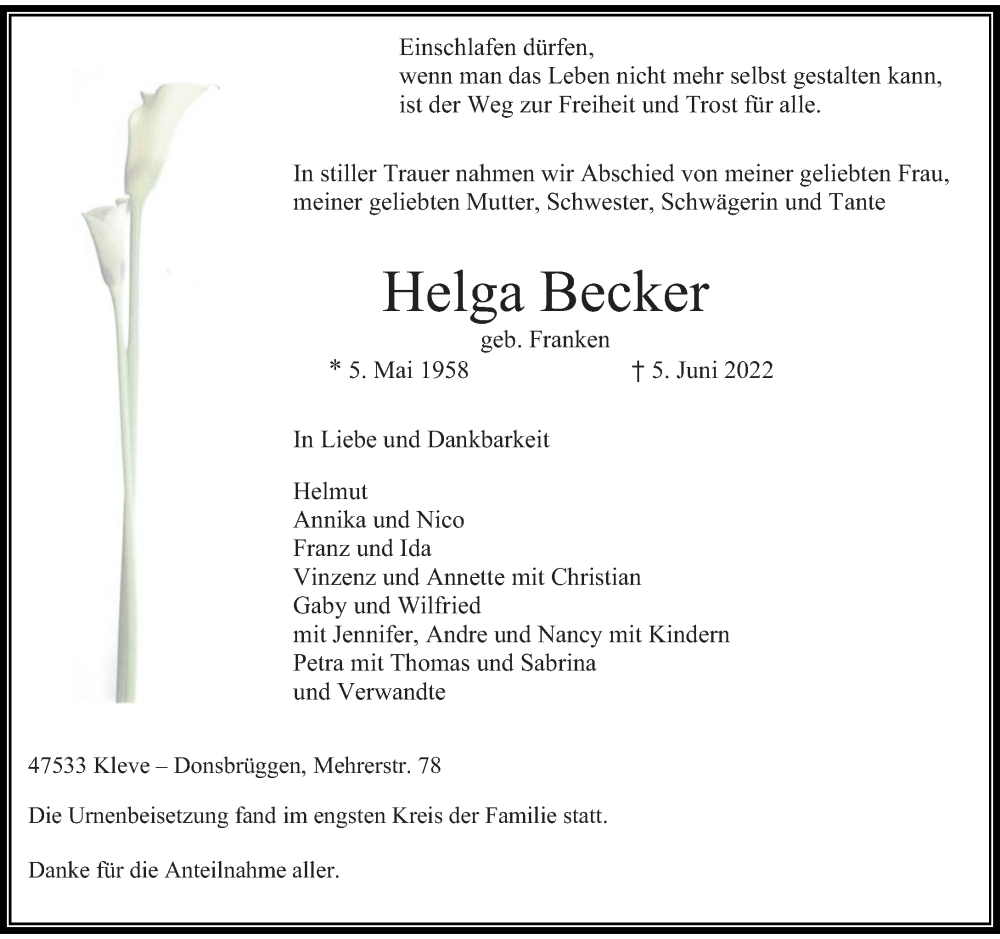  Traueranzeige für Helga Becker vom 25.06.2022 aus Rheinische Post