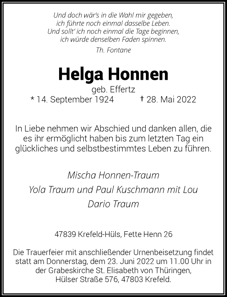  Traueranzeige für Helga Honnen vom 04.06.2022 aus Rheinische Post