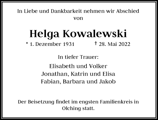 Traueranzeige von Helga Kowalewski von Rheinische Post