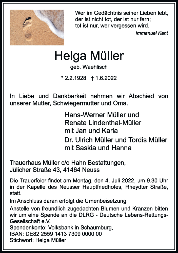  Traueranzeige für Helga Müller vom 25.06.2022 aus Rheinische Post