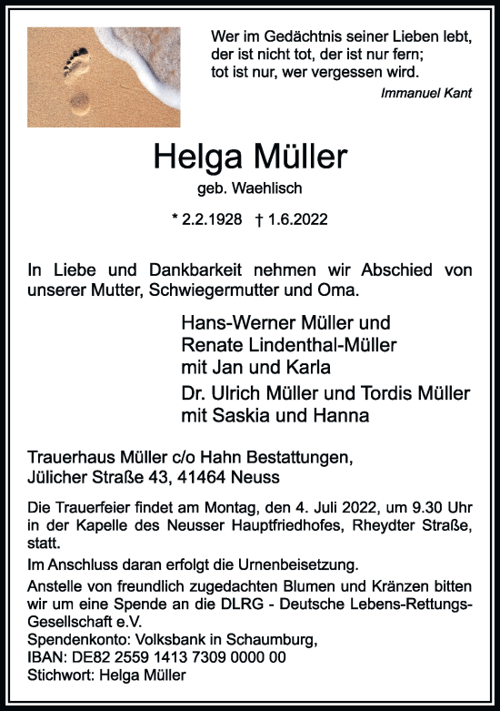 Traueranzeige von Helga Müller von Rheinische Post