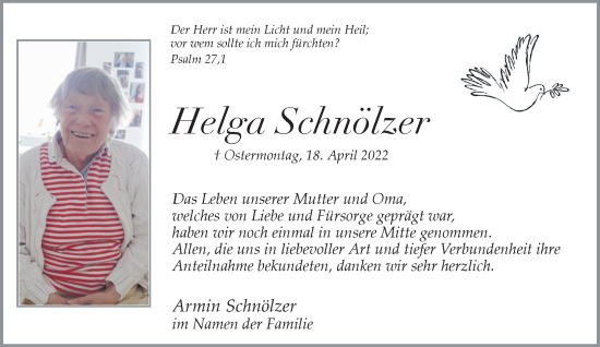 Traueranzeige von Helga Schnölzer von Rheinische Post