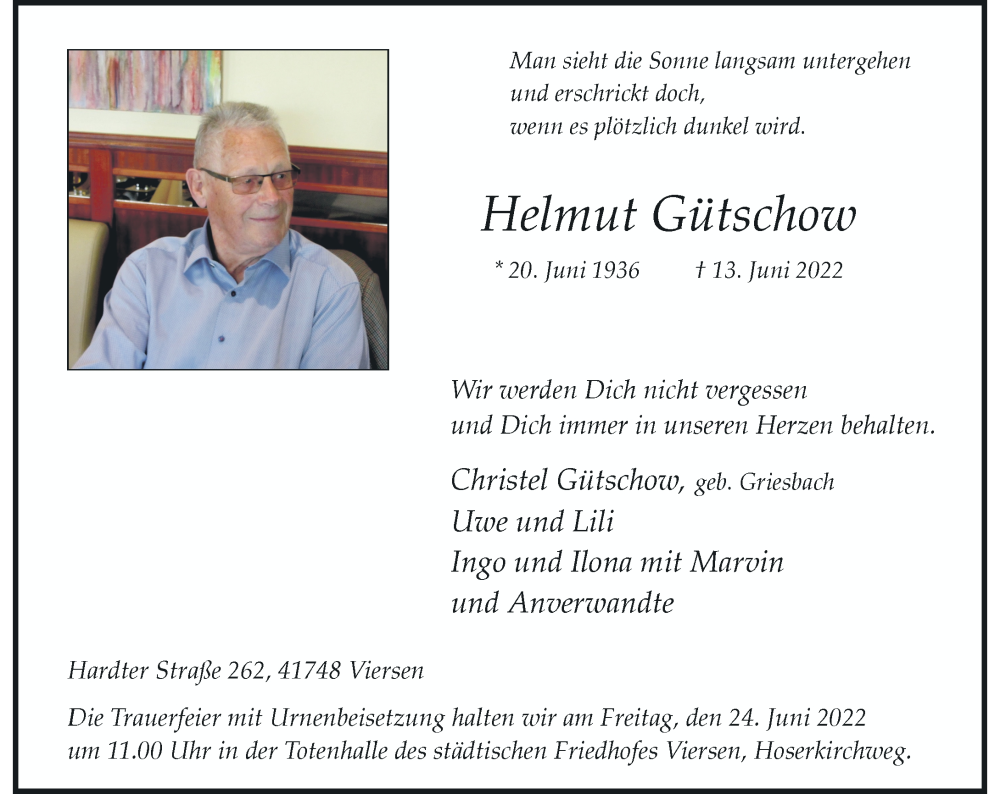  Traueranzeige für Helmut Gütschow vom 18.06.2022 aus Rheinische Post