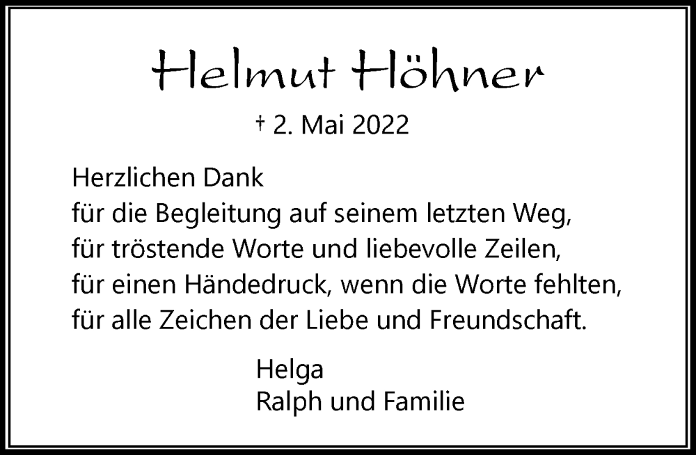  Traueranzeige für Helmut Höhner vom 04.06.2022 aus Rheinische Post