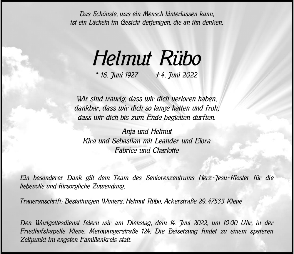  Traueranzeige für Helmut Rübo vom 09.06.2022 aus Rheinische Post