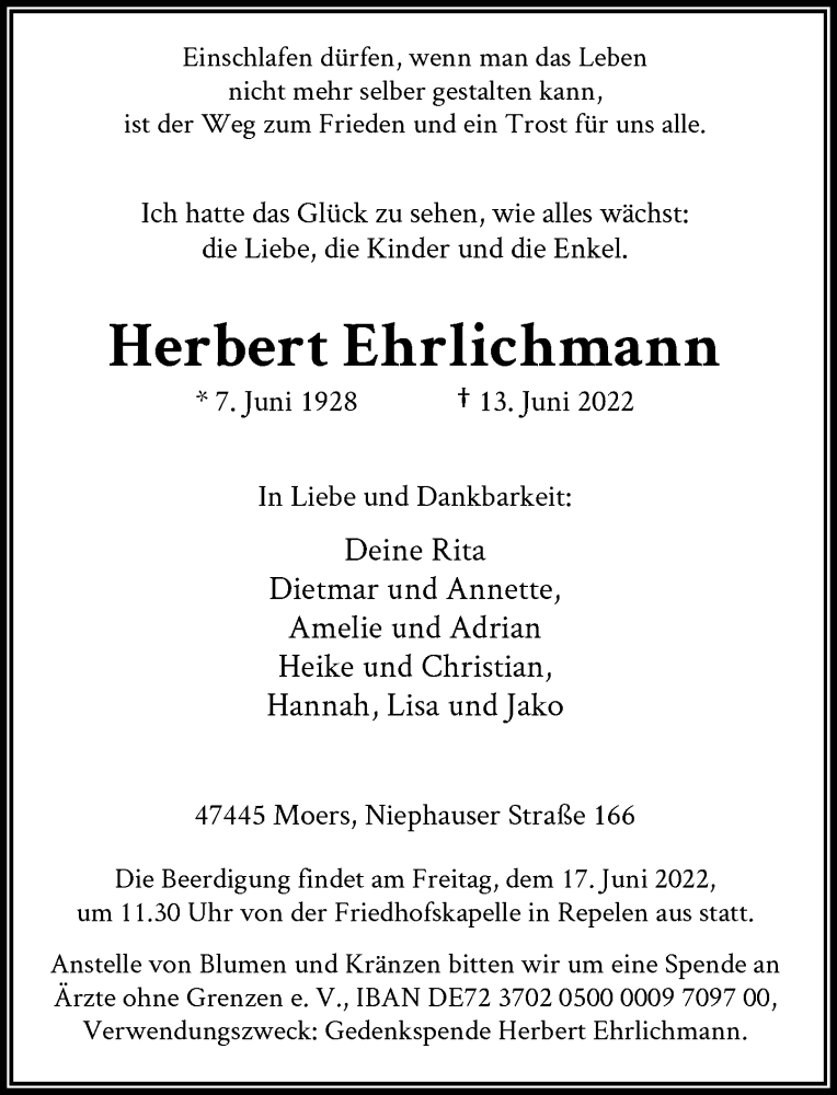  Traueranzeige für Herbert Ehrlichmann vom 16.06.2022 aus Rheinische Post