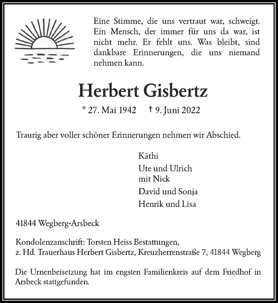 Traueranzeige von Herbert Gisbertz von Rheinische Post