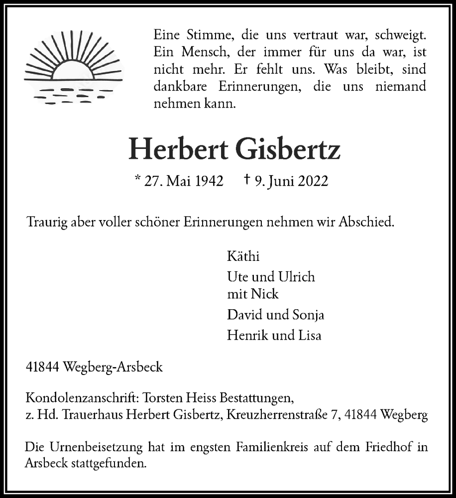  Traueranzeige für Herbert Gisbertz vom 09.07.2022 aus Rheinische Post