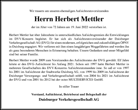 Traueranzeige von Herbert Mettler von Rheinische Post