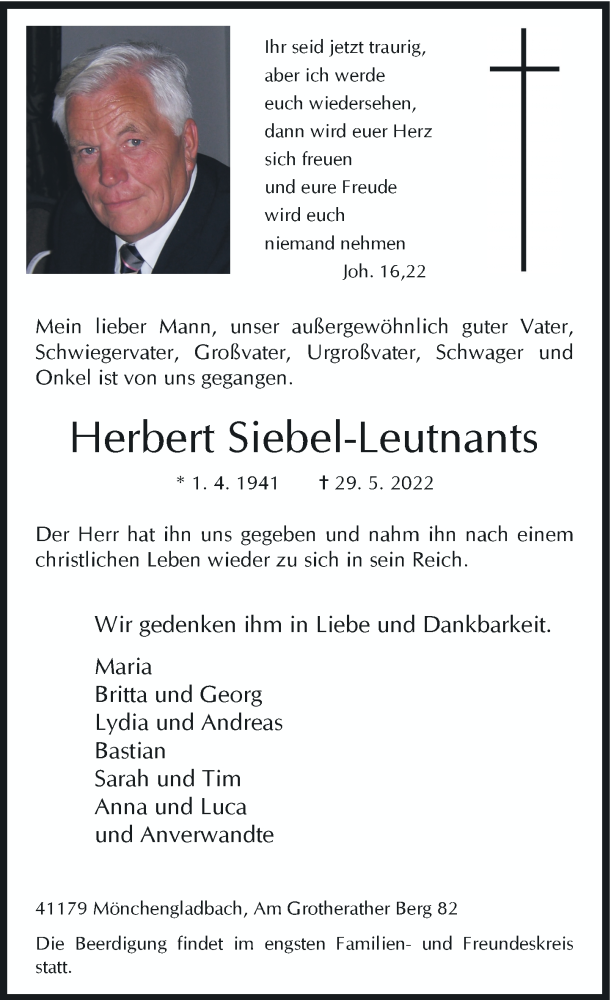  Traueranzeige für Herbert Siebel-Leutnants vom 04.06.2022 aus Rheinische Post