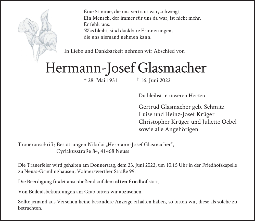 Traueranzeige für Hermann-Josef Glasmacher vom 18.06.2022 aus Rheinische Post