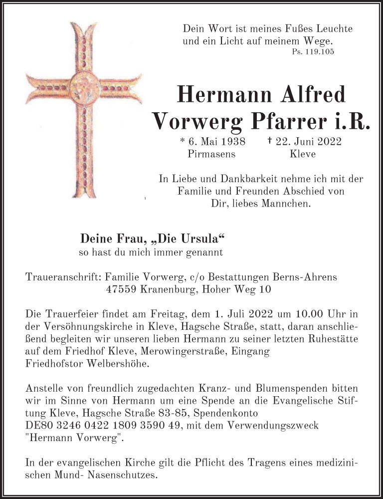  Traueranzeige für Hermann Alfred Vorwerg vom 27.06.2022 aus Rheinische Post