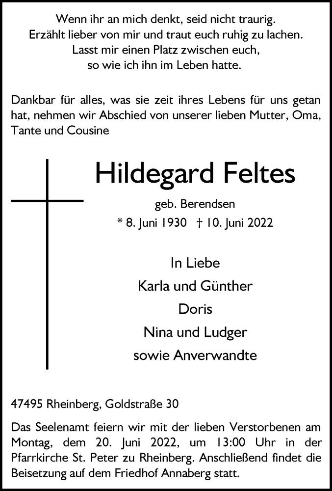  Traueranzeige für Hildegard Feltes vom 14.06.2022 aus Rheinische Post