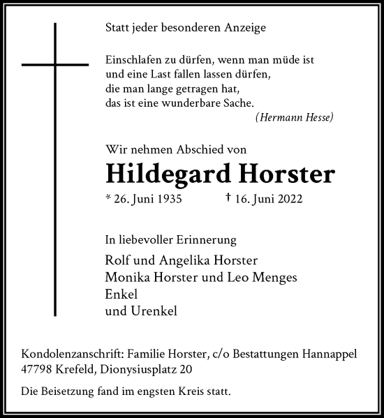 Traueranzeige von Hildegard Horster von Rheinische Post