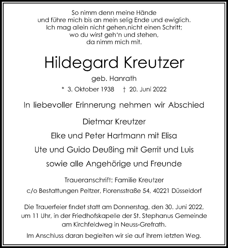  Traueranzeige für Hildegard Kreutzer vom 25.06.2022 aus Rheinische Post