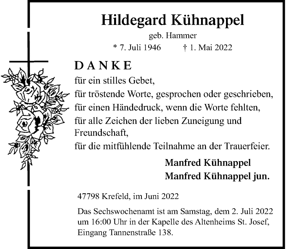  Traueranzeige für Hildegard Kühnappel vom 11.06.2022 aus Rheinische Post