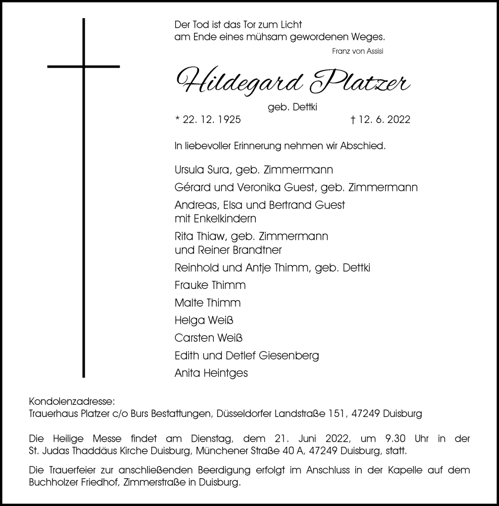  Traueranzeige für Hildegard Platzer vom 18.06.2022 aus Rheinische Post