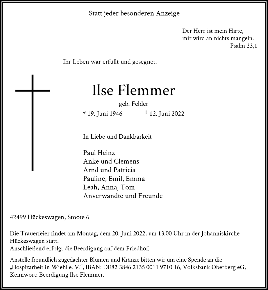  Traueranzeige für Ilse Flemmer vom 15.06.2022 aus Rheinische Post