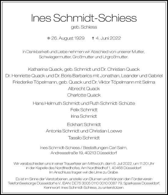 Traueranzeige von Ines Schmidt-Schiess von Rheinische Post
