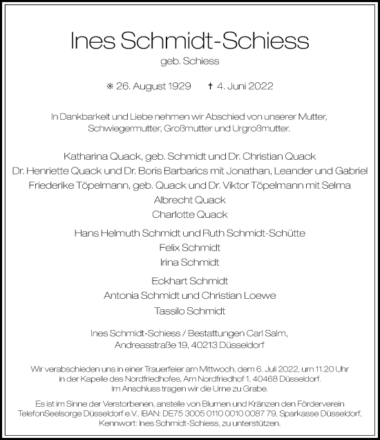 Traueranzeige von Ines Schmidt-Schiess von Rheinische Post