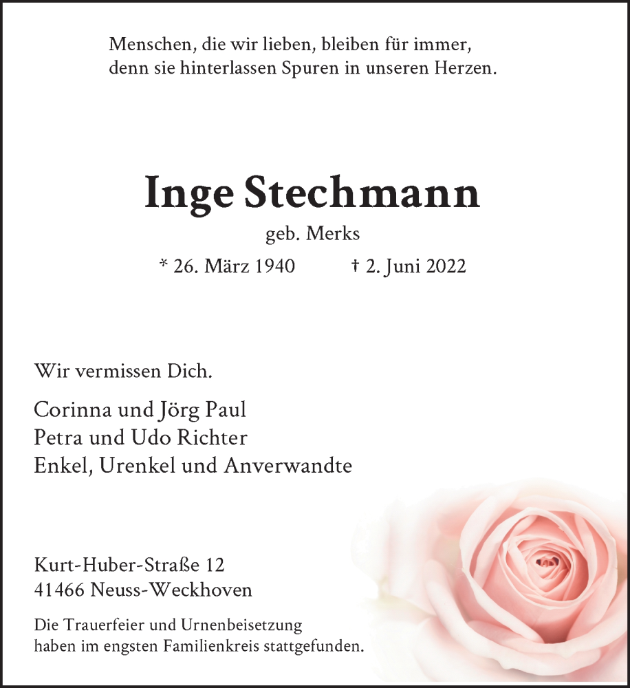  Traueranzeige für Inge Stechmann vom 18.06.2022 aus Rheinische Post