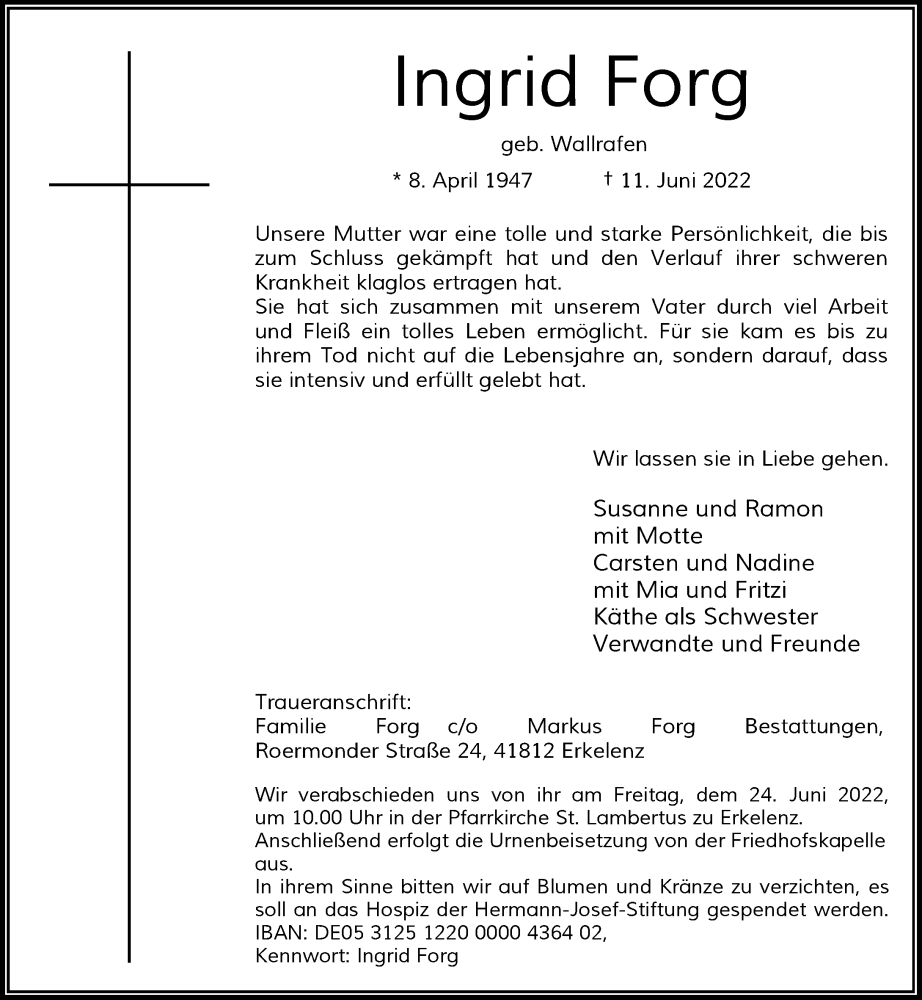  Traueranzeige für Ingrid Forg vom 18.06.2022 aus Rheinische Post