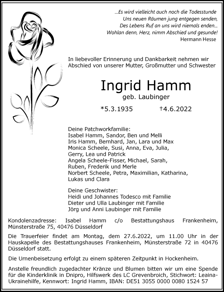  Traueranzeige für Ingrid Hamm vom 18.06.2022 aus Rheinische Post