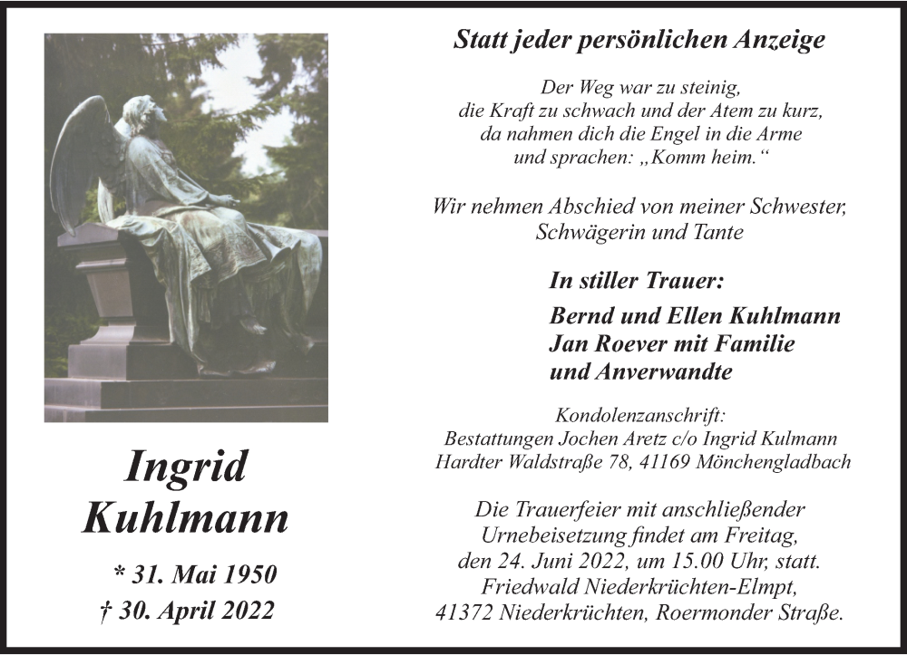  Traueranzeige für Ingrid Kuhlmann vom 11.06.2022 aus Rheinische Post