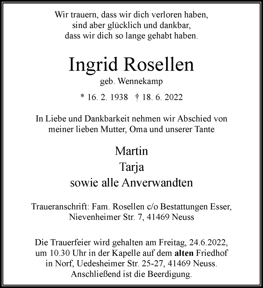 Traueranzeige für Ingrid Rosellen vom 22.06.2022 aus Rheinische Post