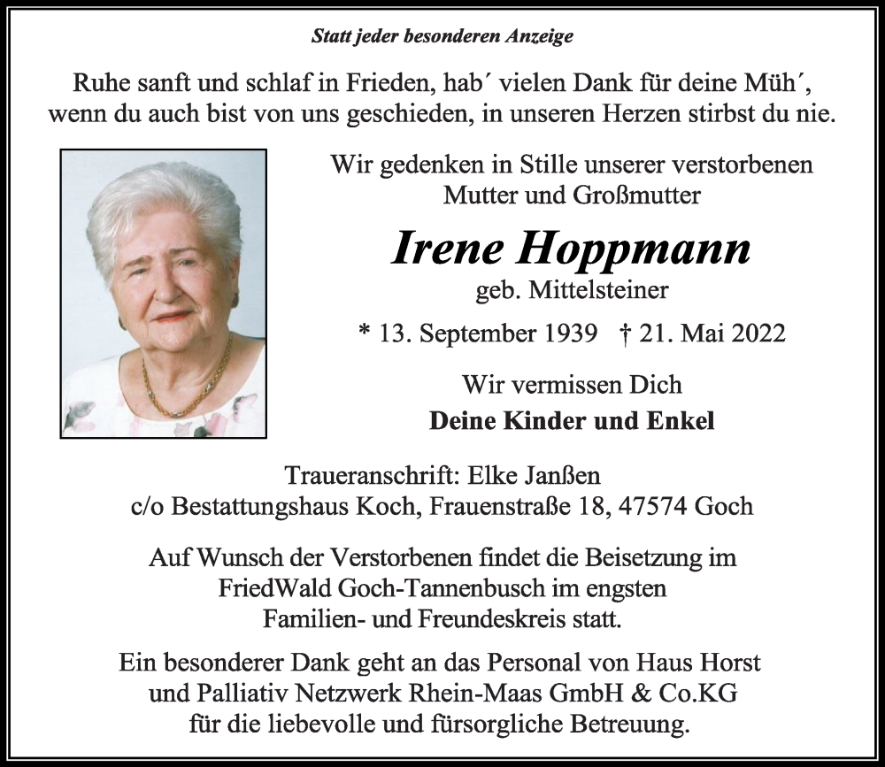  Traueranzeige für Irene Hoppmann vom 04.06.2022 aus Rheinische Post