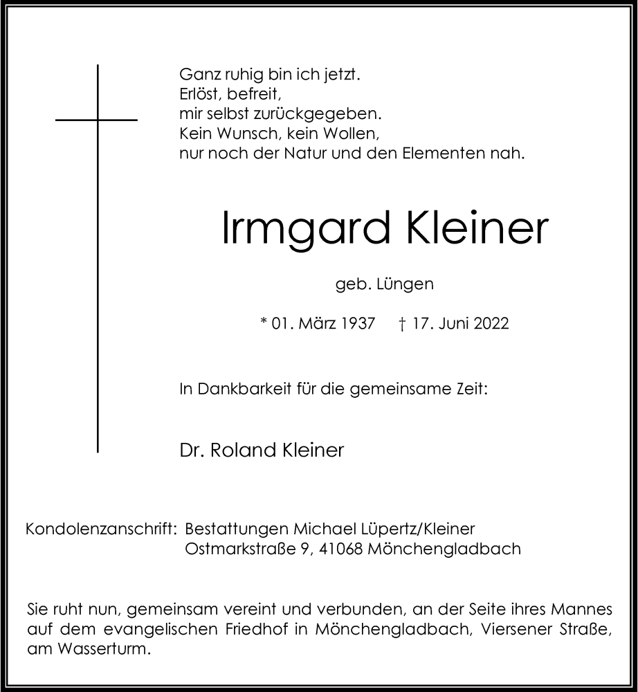  Traueranzeige für Irmgard Kleiner vom 25.06.2022 aus Rheinische Post