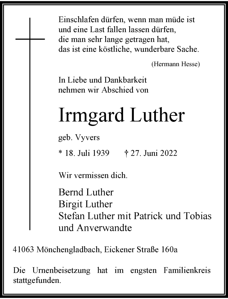 Traueranzeige für Irmgard Luther vom 09.07.2022 aus Rheinische Post