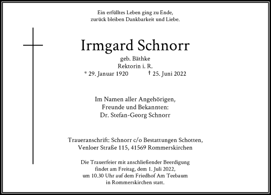 Traueranzeige von Irmgard Schnorr von Rheinische Post