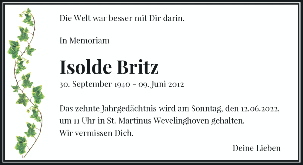  Traueranzeige für Isolde Britz vom 11.06.2022 aus Rheinische Post