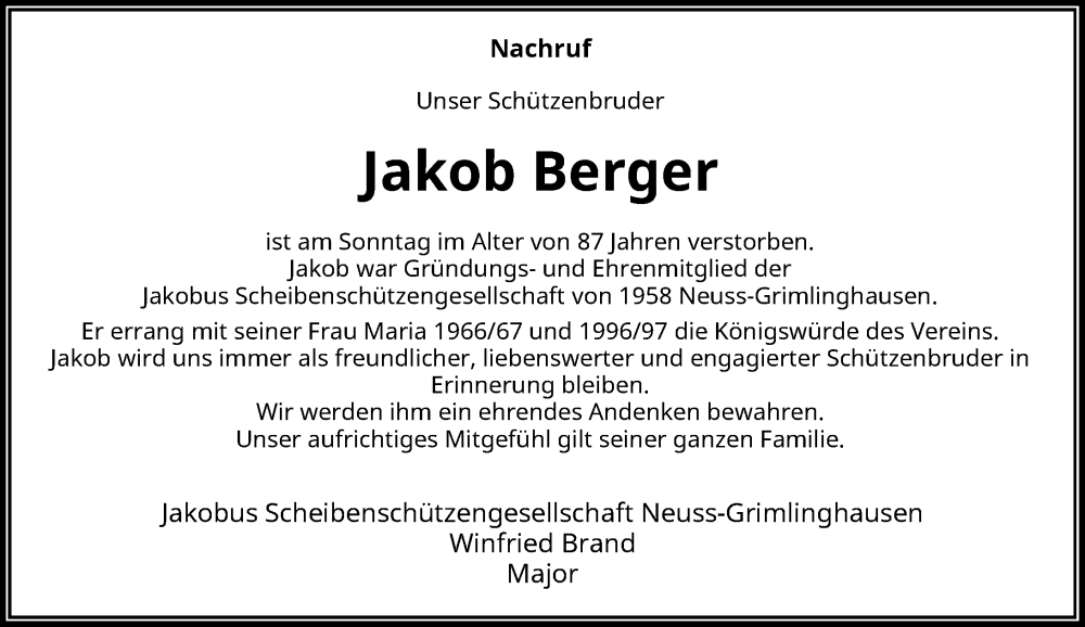  Traueranzeige für Jakob Berger vom 18.06.2022 aus Rheinische Post
